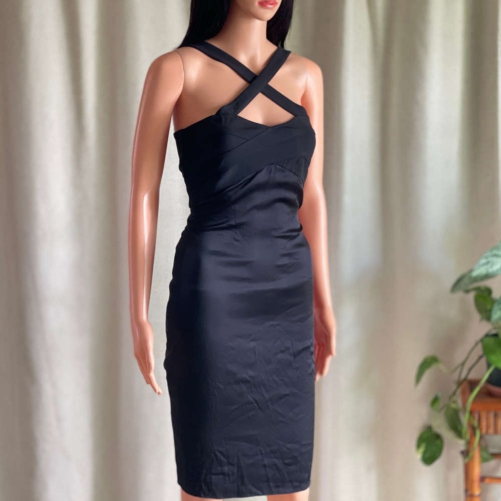 Vintage 90s Maria Bianca Nero Black Crisscross Silk Blend Cocktail Dress Small
